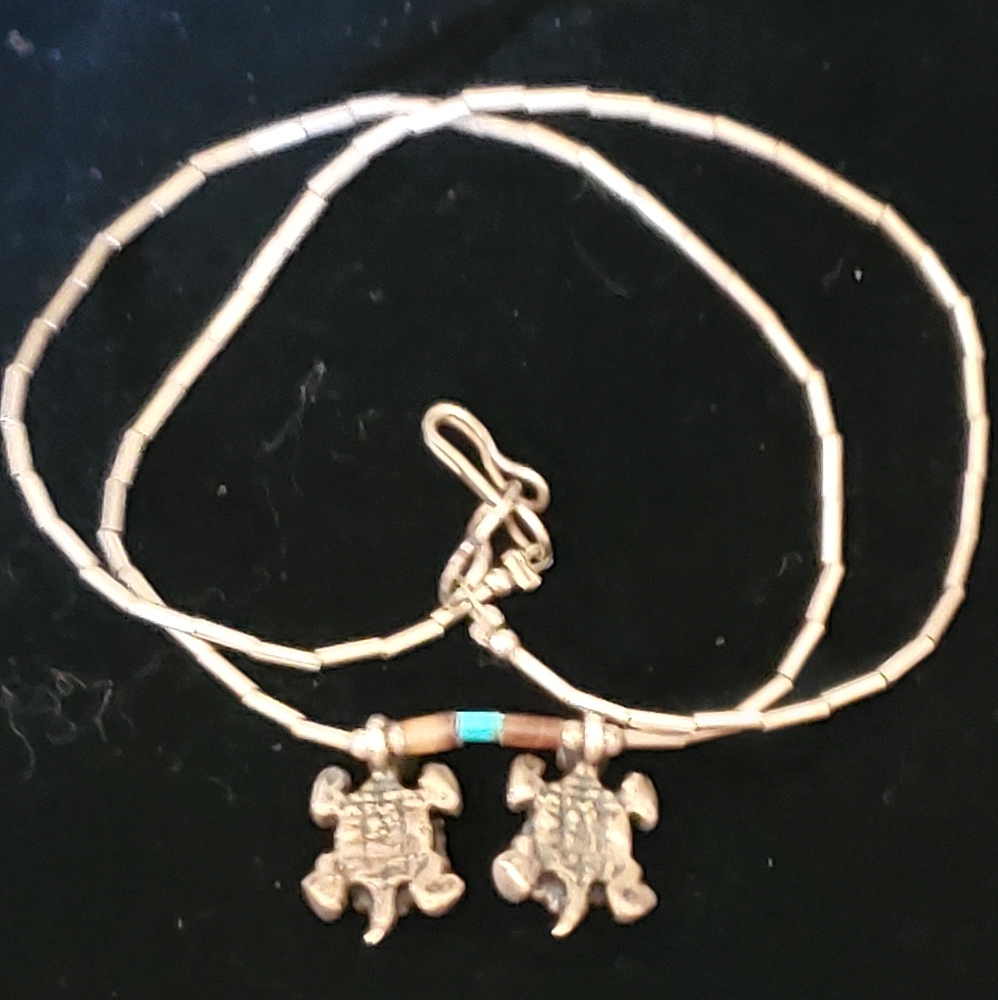 Two Turquoise Turtles Southwest Silver Bead Necklace Boho - Picture 9 of 11
